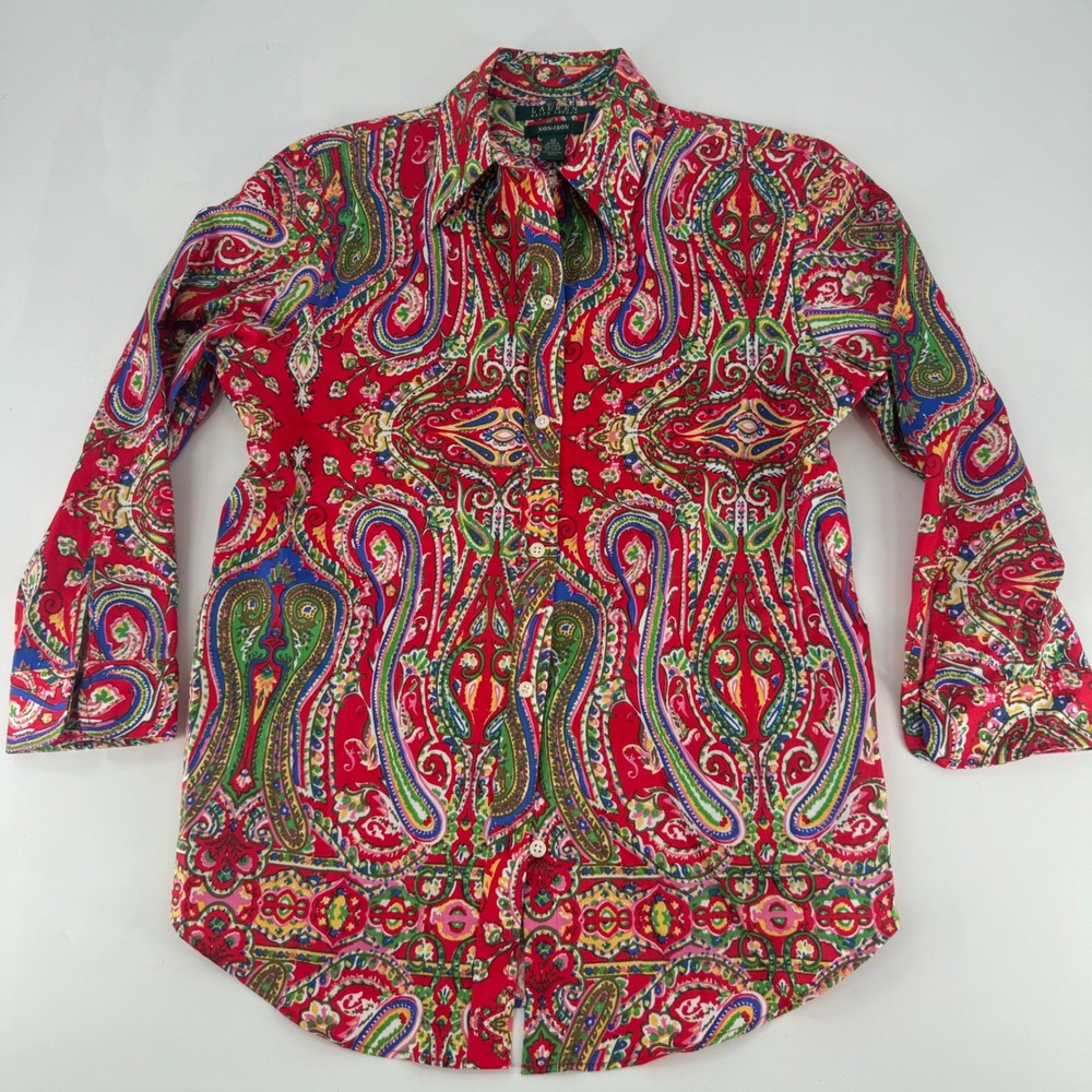 Lauren Ralph Lauren Womens Red Multi Color Paisley Non-Iron Cotton Shirt XS